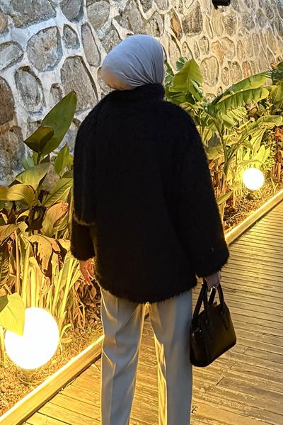 Sakal Kumaş Atkılı Kaban Siyah