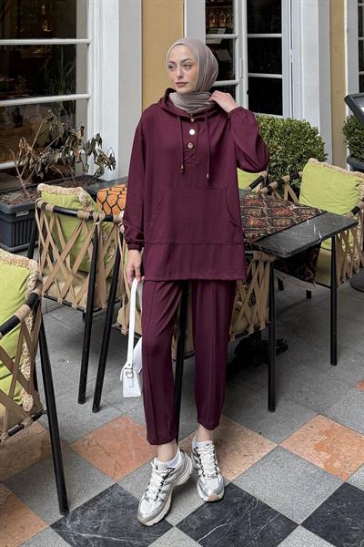 Kapüşonlu İkili Takım Bordo