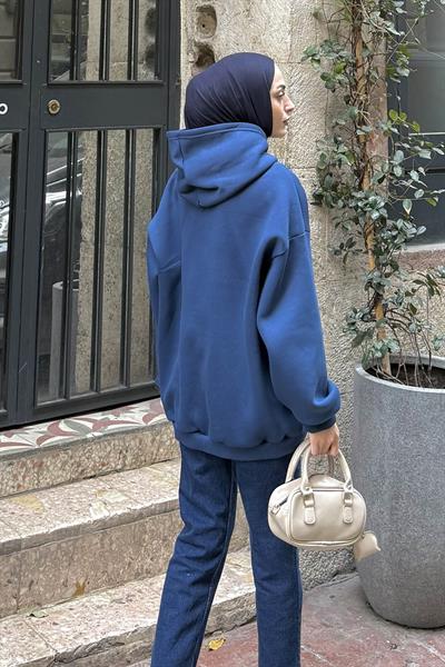Kapüşonlu Oversize Yan Cepli Sweat İndigo