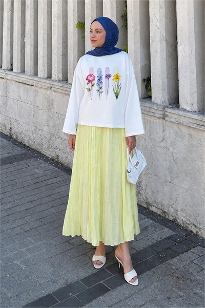 Basic Oversize Çiçek Baskılı Bluz Beyaz