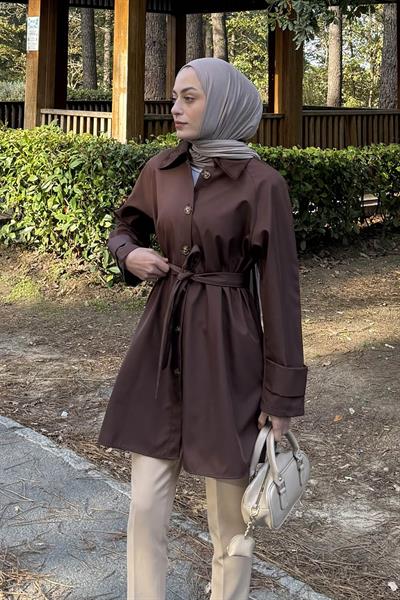 Yaka Detaylı Kısa Trençkot Acı Kahverengi