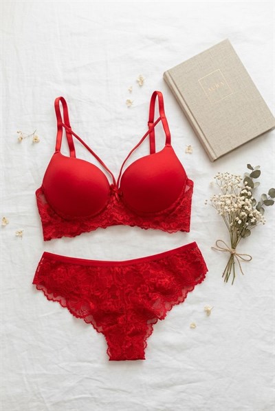 Dantelli Destekli Ipli Sütyen Takımı Kırmızı