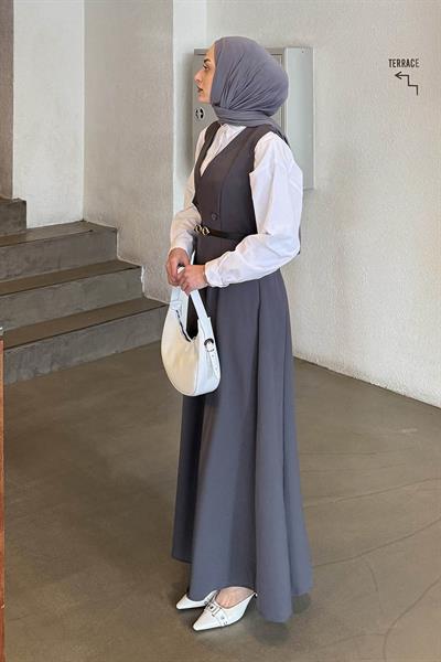 Düğme Detaylı Kolsuz Tesettür Elbise Antrasit