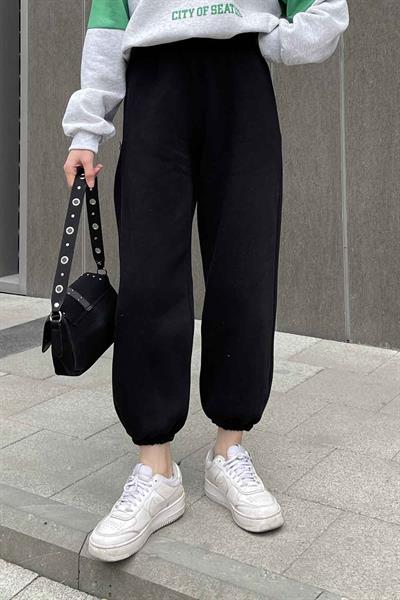 Paça Lastikli Üç İplik Alt Eşofman Siyah