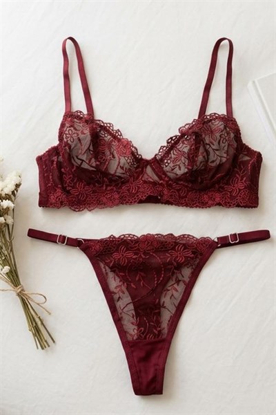 Bordo Dantelli Bralet Sütyen Takım Bordo
