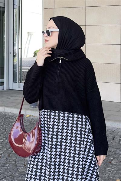 Yaka Fermuarlı Crop Triko Kazak Siyah