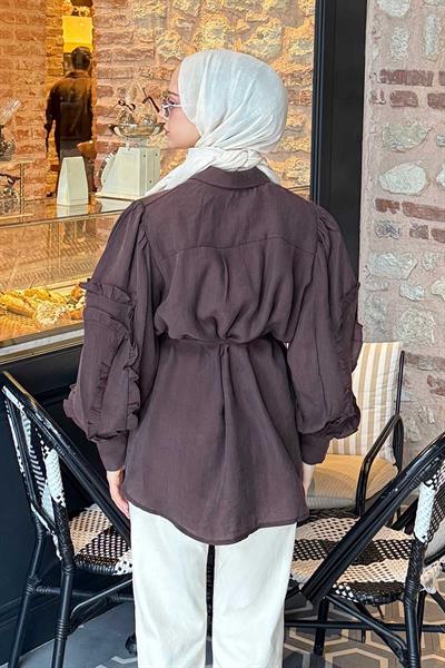 Geniş Yakalı Biyeli Gömlek Acı Kahverengi