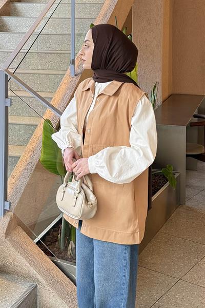 Önü Çıtçıt Düğmeli Yelek Camel