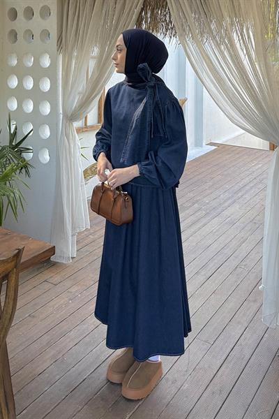 Fiyonk Detaylı Denim Takım Koyu Mavi