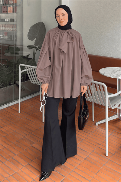 Yaka Fular Detaylı Gömlek Soft Kahve