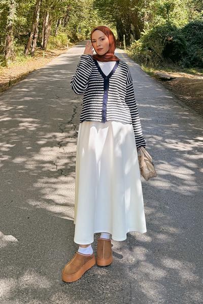 İnce Çizgili Triko Hırka Lacivert