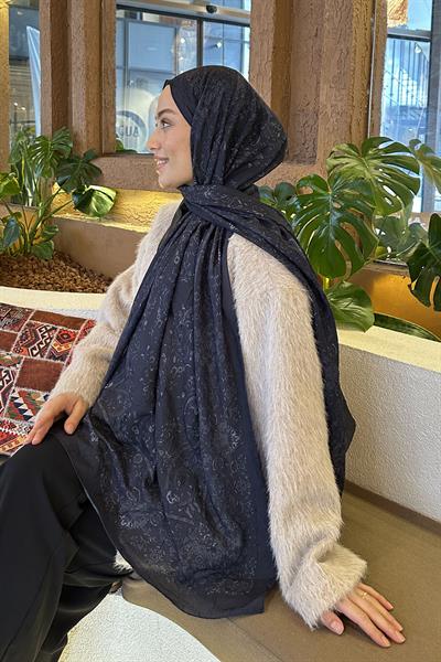 Retro Desen Bambu Şal Lacivert