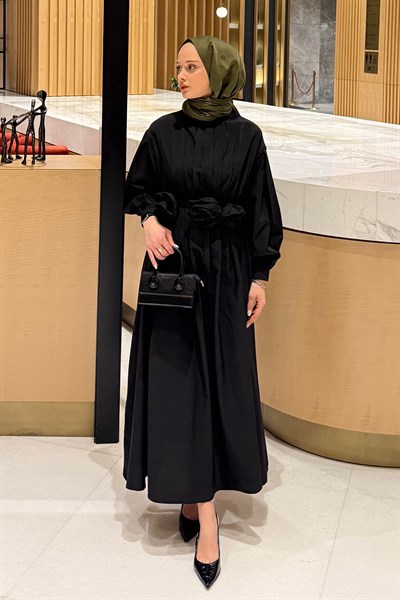 Pileli Poplin Elbise Siyah