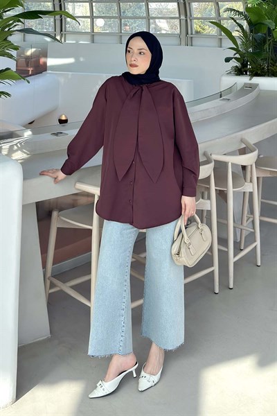 Fular Detaylı Gömlek Mürdüm