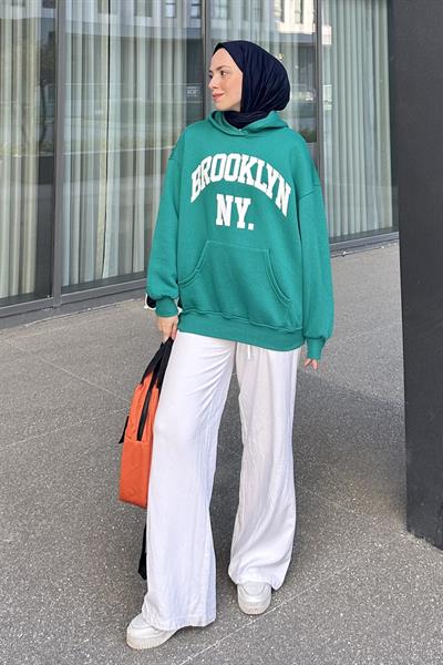 Brooklyn Baskılı Üç İplik Sweat Yeşil