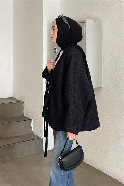 Bağlamalı Kaşe Kimono Siyah