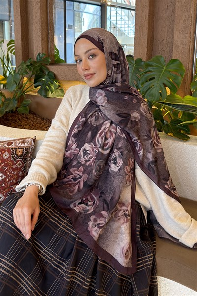 Çiçek Desen Bambu Şal Eflatun