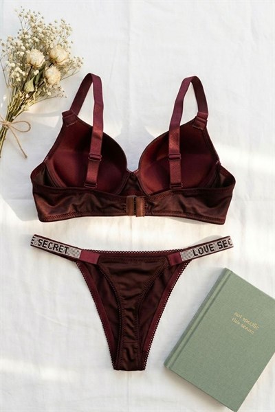 Mikro Kumaş Düz RenkTaşlı Destekli Sütyen Takımı Bordo