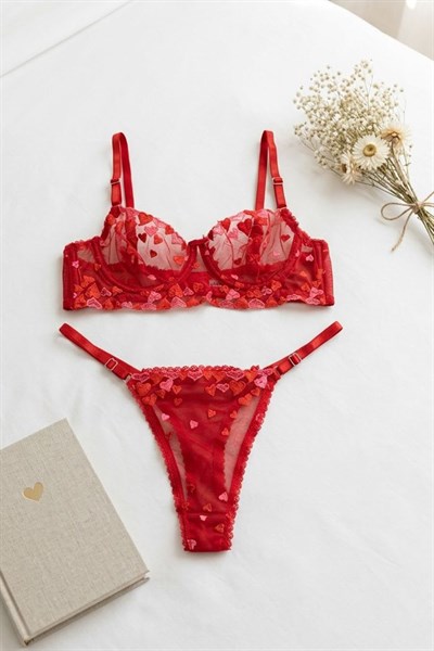 Kalp Desen Bralet Takım Sütyen Takımı Kırmızı