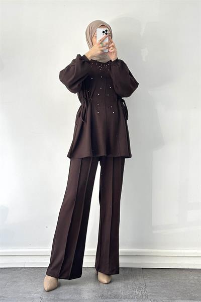 Taşlı İkili Takım Acı Kahverengi