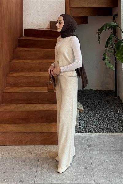 V Yaka Yelekl Takım Bej