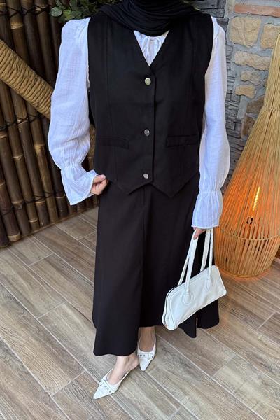 Gabardin Yelek-Etek İkili Tesettür Takım Siyah