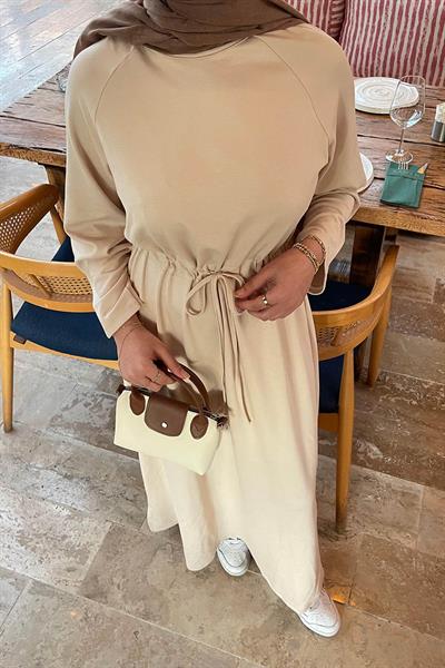 Bel Tünel Detaylı Elbise Bej