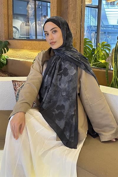 Batik Çiçek Desen Bambu Şal Siyah