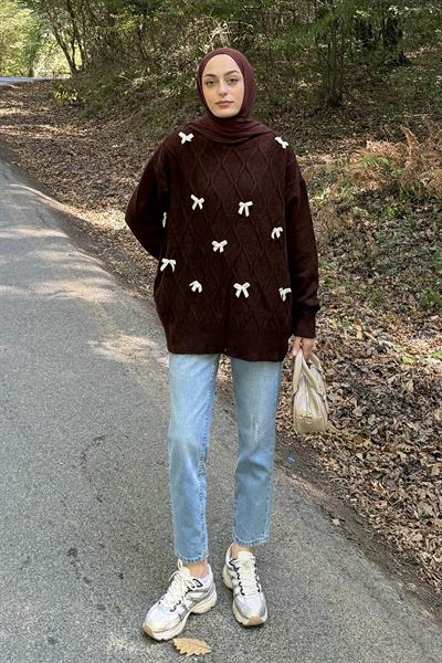 Kurdeleli Triko Kazak Acı Kahverengi