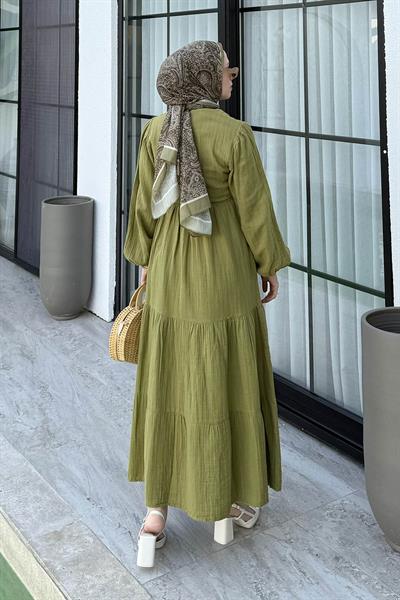 Bel Büzgülü Tesettür Elbise Çağla Yeşili