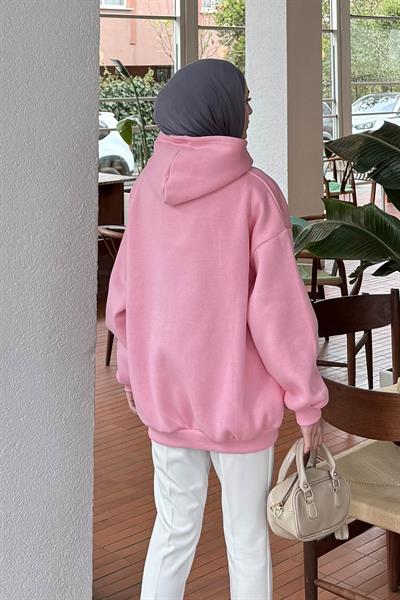 Kapüşonlu Salaş Sweatshirt Şeker Pembesi
