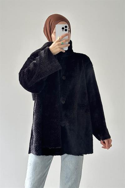 Peluş Atkılı Mont Siyah
