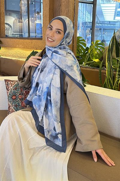 Batik Çiçek Desen Bambu Şal İndigo