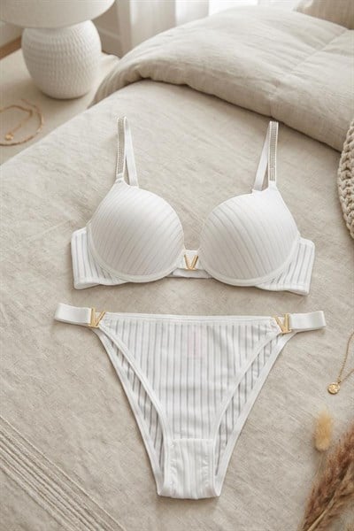 Omuz Taş V Detay  Sütyen Takım Ekru