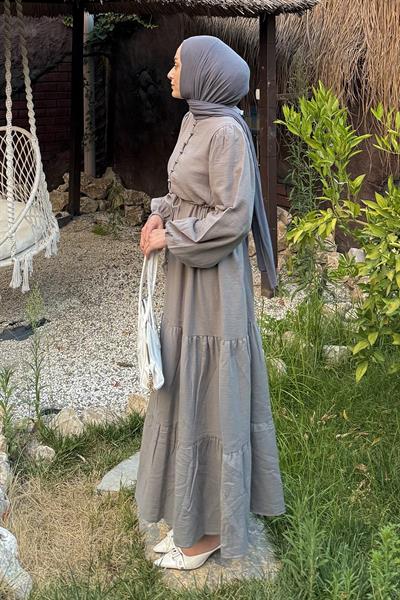 Bel Büzgülü Tesettür Elbise Gri