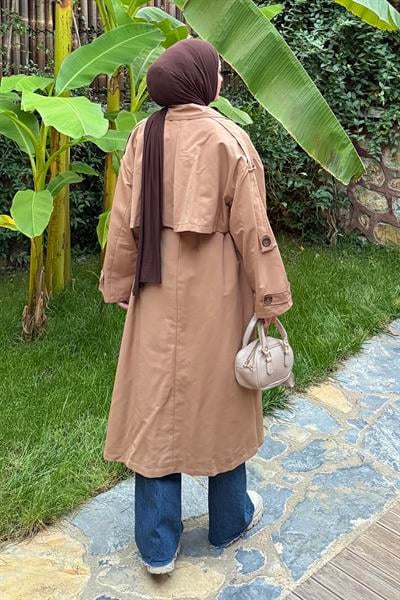 Uzun Apoletli Oversize Trenç Camel