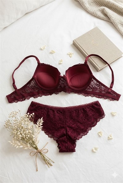 Dantelli Destekli Sütyen Takım Bordo