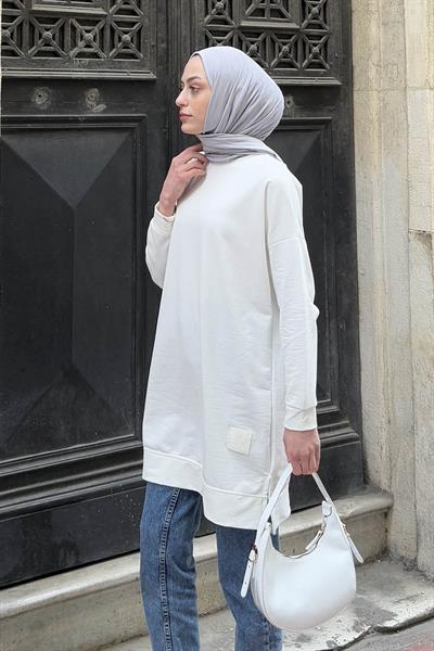İki iplikli Arma Detaylı Sweat Tunik Beyaz