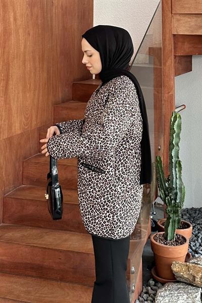 Teddy Düğmeli Çoban Mont Leopar