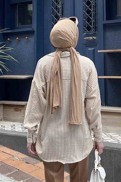 Çift Cep Detaylı Çizgili Keten Gömlek Bej
