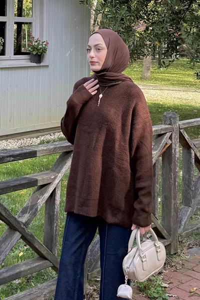 İnce Örgülü Kazak Acı Kahverengi