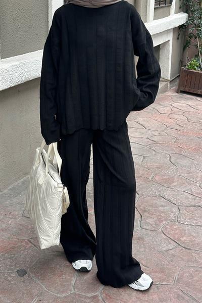 Fitilli Triko Tesettür Takım Siyah