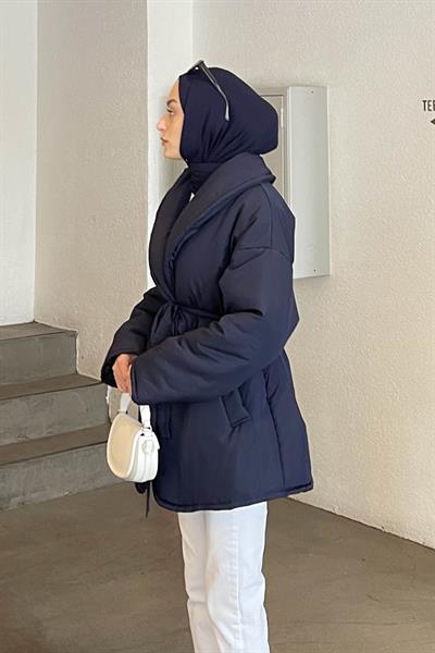 Düz Kuşaklı Şişme Mont Lacivert