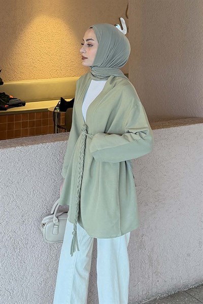 Örgü Bağlamalı Kimono Ceket Çağla Yeşili