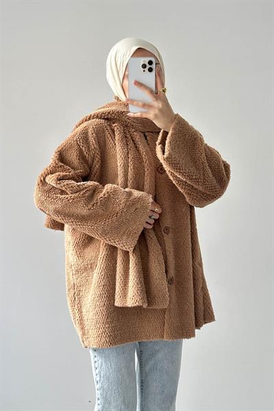 Peluş Atkılı Mont Sütlü Kahve