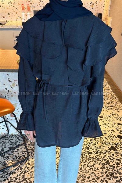Volan Detaylı Kol Büzgülü Gömlek Lacivert