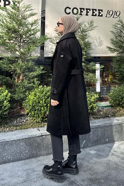 Omuz Filetolu Kol Apoletli Kaşe Kaban Siyah