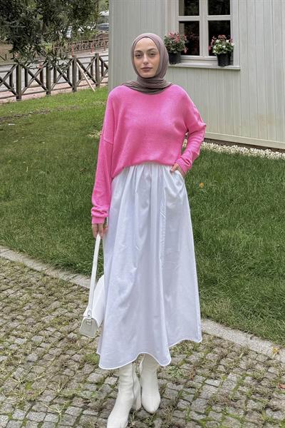 Kayık Yaka Triko Kazak Pembe