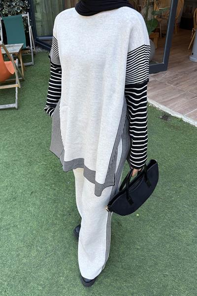 Yan Çizgili Panço Tesettür Takım Bej