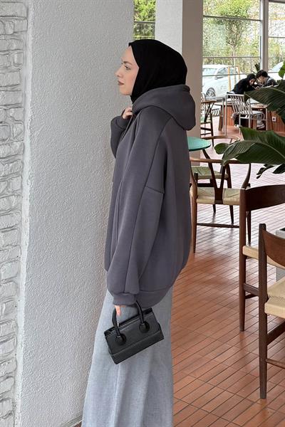 Kapüşonlu Oversize Yan Cepli Sweat Antrasit